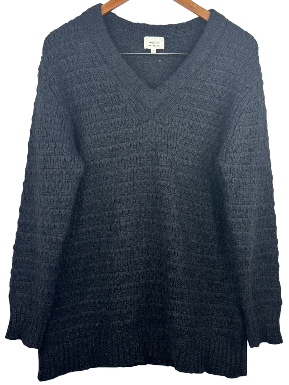 Aritzia Wilfred Black Wool & Mohair Blend Chunky Knit V-Neck Sweater Oversize S